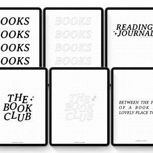 K&ouml;nnte beinhalten: Sechs digitale Planerseiten mit einem schwarz-wei&szlig;en Gitterhintergrund. Die Seiten zeigen den Text "BOOKS", "THE BOOK CLUB" und "READING JOURNAL".