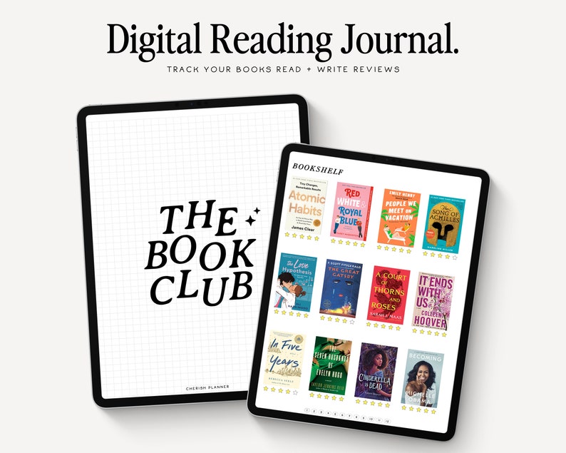 K&ouml;nnte beinhalten: Eine digitale Lesetagebuch-App-Oberfl&auml;che mit einem B&uuml;cherregal beliebter B&uuml;cher. Die App verf&uuml;gt &uuml;ber ein Raster zum Verfolgen gelesener B&uuml;cher und zum Schreiben von Rezensionen. Der Text "THE BOOK CLUB" wird auf der linken Seite des Bildschirms angezeigt.