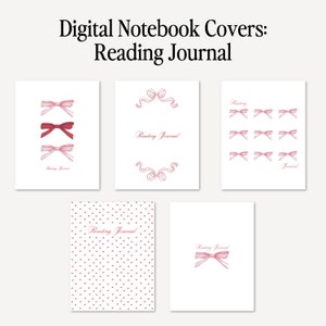 Könnte beinhalten: Fünf digitale Notizbuchcover mit verschiedenen Designs mit rosa Schleifen und Herzen. Der Text "Reading Journal" erscheint auf jedem Cover.