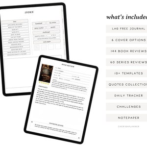 K&ouml;nnte beinhalten: Ein digitaler Planer f&uuml;r B&uuml;cherliebhaber mit einer schwarz-wei&szlig;en Indexseite und einer Buchrezensionsseite mit einem F&uuml;nf-Sterne-Bewertungssystem. Der Planer enth&auml;lt ein verz&ouml;gerungsfreies Tagebuch, sechs Coveroptionen, 144 Buchrezensionen, 60 Serienrezensionen, &uuml;ber 10 Vorlagen, eine Zitatensammlung, einen t&auml;glichen Tracker, Herausforderungen, Notizpapier und ein B&uuml;cherregal.