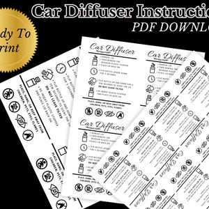 Könnte beinhalten: Schwarz-Weiß-Bild mit Anweisungen für einen Auto-Diffusor. Der Text lautet "Car Diffuser Instructions PDF DOWNLOAD". Die Anweisungen sind auf weißem Papier mit einem goldenen "Ready To Print"-Siegel gedruckt.