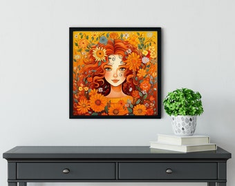 Beautiful girl with red hair and yellow-orange flowers in yellow honey background. Printable Wall Art. Wall Decor. Instant Digital Download.