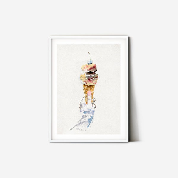 Original watercolor illustration. Hand holding ice cream cone. Handmade. Original poster for your interior. Best gift idea. Free shipping.