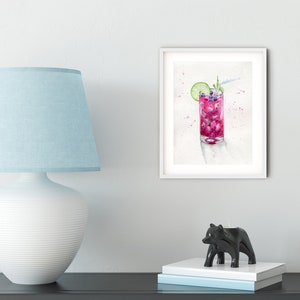 Original watercolor illustration. Glass with pink coctail. Spirit. Beautiful summer drawing. Handmade poster for your interior Free shipping image 2