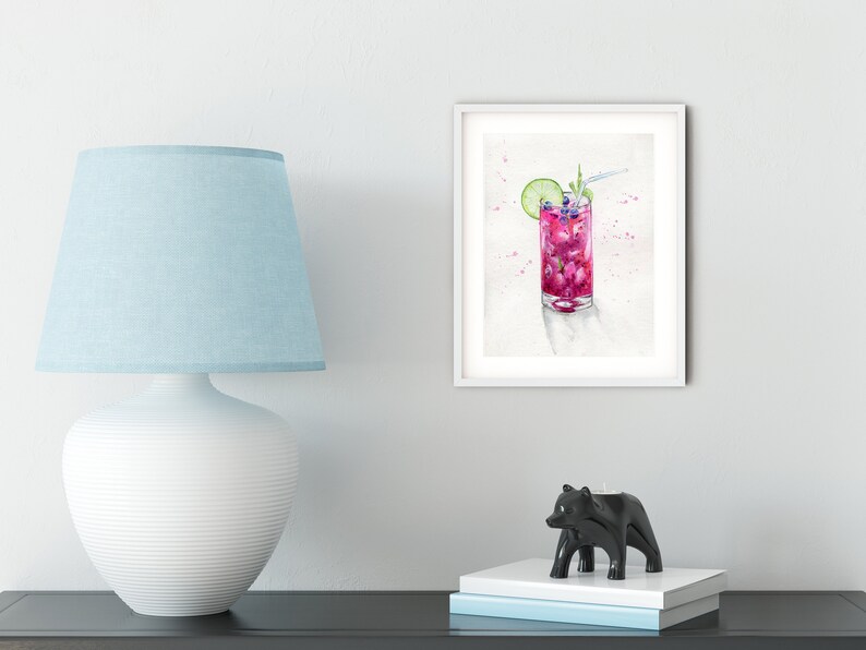 Original watercolor illustration. Glass with pink coctail. Spirit. Beautiful summer drawing. Handmade poster for your interior Free shipping image 2