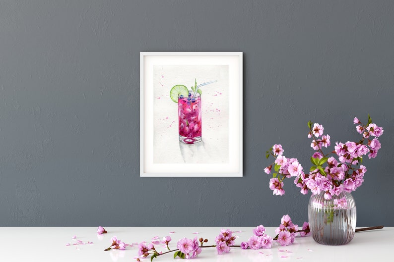 Original watercolor illustration. Glass with pink coctail. Spirit. Beautiful summer drawing. Handmade poster for your interior Free shipping image 4
