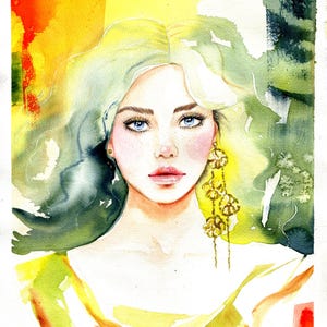 Poster di moda ad acquerello con ritratto di donna nei colori giallo e verde - Ragazza autunnale. Moderna galleria d'arte femminile. Elegante arredamento per la casa