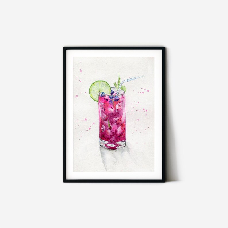 Original watercolor illustration. Glass with pink coctail. Spirit. Beautiful summer drawing. Handmade poster for your interior Free shipping image 3