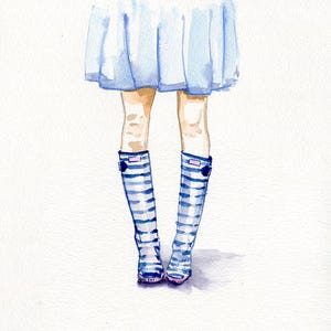 Original Aquarell-Illustration. Die Beine mit dem Rock und die Gummistiefel. Handgemachtes Poster für deine Einrichtung. Beste Geschenkidee. Kostenloser Versand.