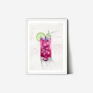 Original watercolor illustration. Glass with pink coctail. Spirit. Beautiful summer drawing. Handmade poster for your interior Free shipping image 1