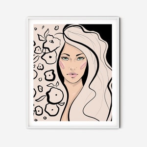 Garota romântica, formato vertical, estilo de moda e beleza, pôster digital, impressões de parede, decoração de arte moderna para impressão, design de cartões postais.
