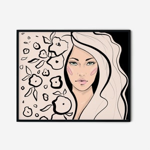 Menina romântica horizontal, pôster digital, estilo de moda e beleza, impressões de parede, arte de parede, decoração de arte moderna para impressão, design de cartões postais