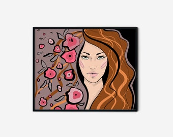 Romantic Girl #03 horizontal format, Fashion Style, Postcard Design, Wall Prints, Digital Poster, Canvas, Wall Art, Printable Home Art Decor