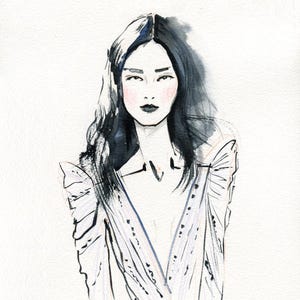 Originele aquarelillustratie. Modetekening met vrouw in het zwart. Handgemaakte poster voor in je interieur. Beste cadeau-idee. Gratis verzending.