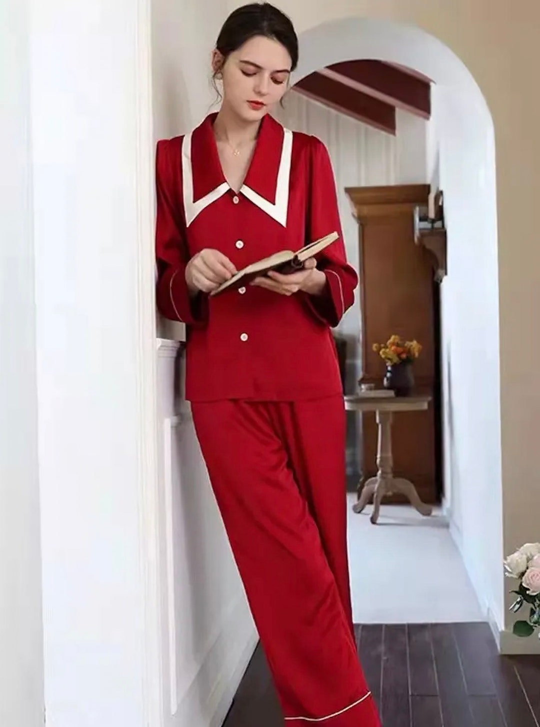 Black & Red Silk Pajamas Women Gift for Her Etsy