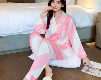 Pink Line in Silk Pajamas / Sleepwear