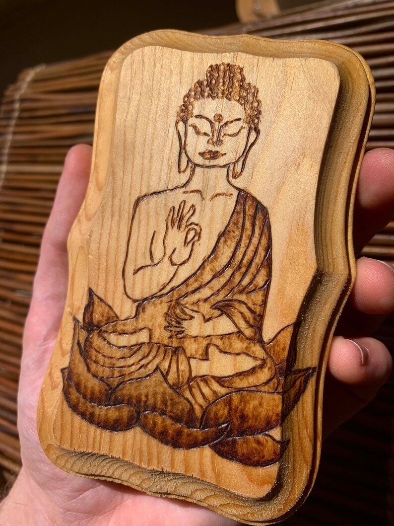 Pyrography Lotus Sitting Buddha on Lotus Flower Pyrography - Burned Wooden Sign Wall Art ...