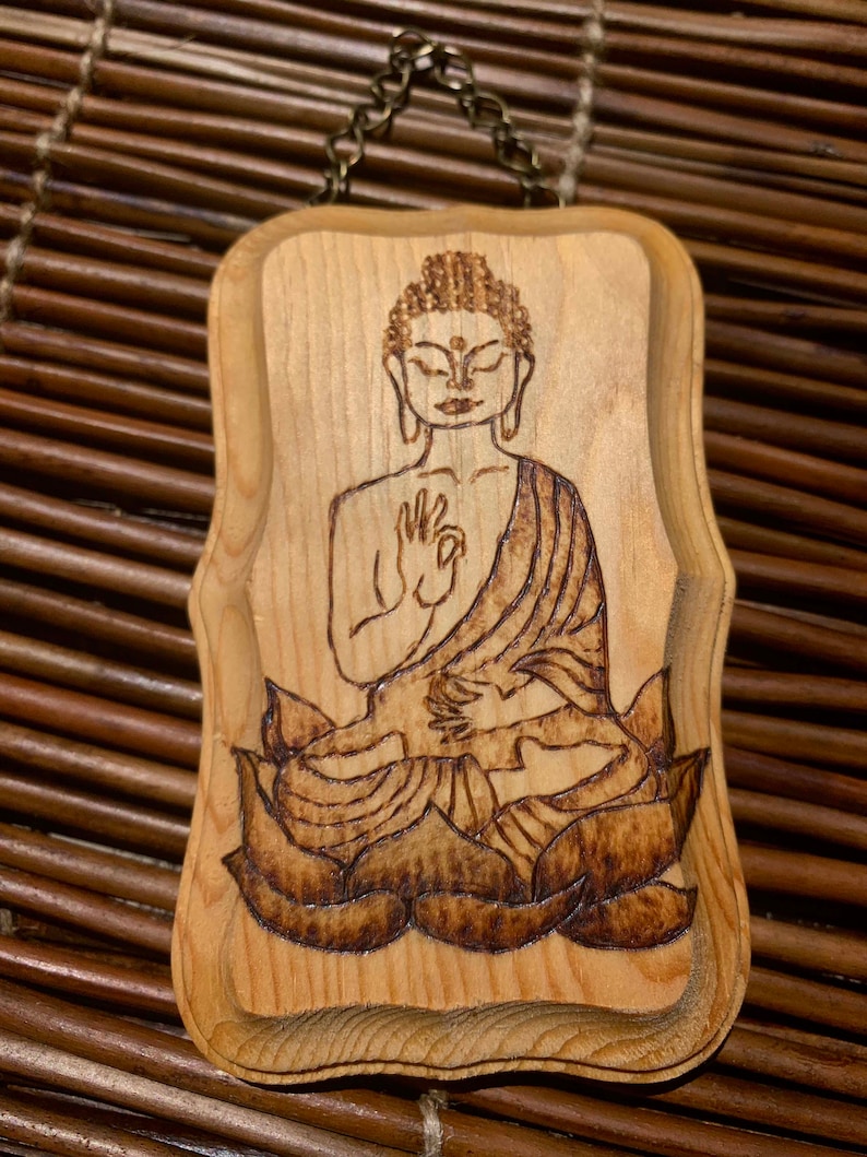 Pyrography Lotus Sitting Buddha on Lotus Flower Pyrography - Burned Wooden Sign Wall Art ...