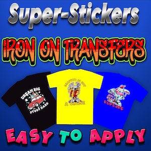 May include: Three iron-on transfers for t-shirts. The transfers feature colourful cartoon graphics and text. The text on the transfers reads "Dream Big Study Hard", "Graffiti is not a crime", and "All you need is cupcake".