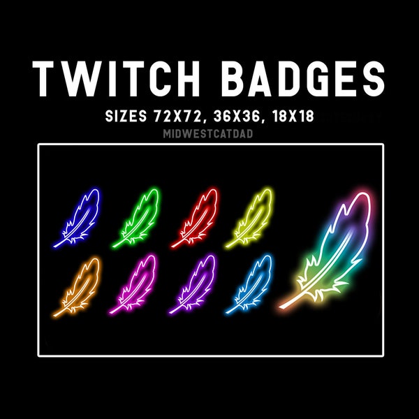 Badges Twitch Neon Feather, Badges Twitch Sub, Badges Twitch Bit, Abonné, Bits, Streamer, Glow, Badges Stream, Plumes