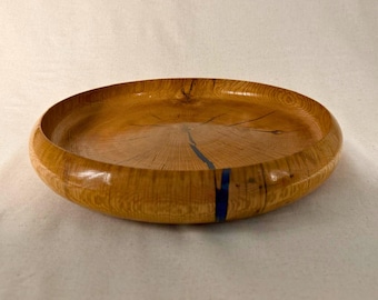 Reclaimed Oak Platter with Dark Blue Epoxy, Hand Turned Wood Serving Tray, Glossy Finish