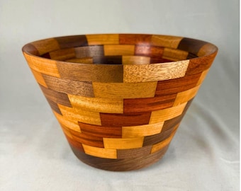Vaso in legno segmentato, mogano, noce, padouk, acero, opera d'arte tornita a mano, grande centrotavola