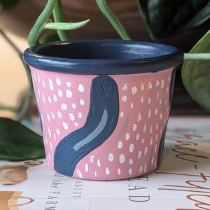 May include: A small, hand-painted ceramic plant pot. The pot is primarily pink with a dark blue rim and a dark blue abstract design. White dots are scattered across the pink surface. Green leaves are visible in the background.