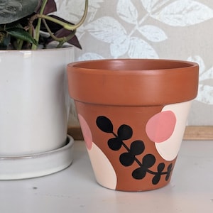 Hand Painted Terracotta Planter (4-in) | Modern Boho Pot | Pink, White, and Black Abstract Design | Botanical Motif
