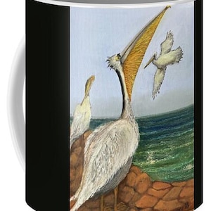 Mug , Pelican, Pacific ocean sea seen. Pelican enjoying the sunny day as other Pelicans fly overhead.