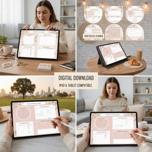 Puede incluir: Planificador digital mostrado en una tableta. El planificador presenta una combinación de colores rosa suave y beige con acentos florales. También se ve el texto "Digital Download" y "iPad & Tablet Compatible".