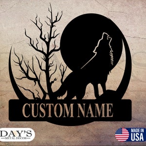 Letrero de metal recortado personalizado de lobo - Decoración de pared - Lobos - Decoración de lobos - Letreros de metal - Escena de bosque - Naturaleza - Lobo aullando - Regalos