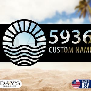 Personalized Sun Waves Beach Metal Address Sign Custom House number Hanging Address Plaque Yard Outdoor Sign Garden Stake Address Sign Decor