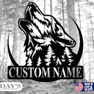 Letrero de metal recortado personalizado de lobo - Decoración de pared - Lobos - Decoración de lobos - Letreros de metal - Escena de bosque - Naturaleza - Lobo aullando - Regalos