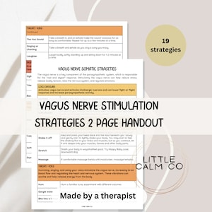 May include: A printable handout with the title "Vagus Nerve Stimulation Strategies 2 Page Handout" and a list of strategies to stimulate the vagus nerve. The handout is designed to help reduce stress, release bodily tension, relax the nervous system, and regulate emotions. The handout is made by a therapist.