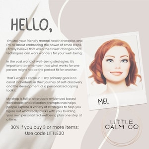May include: A digital illustration of a woman with red hair smiling. The text "HELLO" is in large, bold letters at the top of the image. The text "MEL" is in large, bold letters at the bottom of the image. The text "LITTLE CALM CO" is in large, bold letters below "MEL". The text "30% if you buy 3 or more items: Use code LITTLE30" is at the bottom of the image.