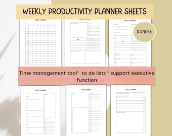 Work Weekly Planner Sheets, Time Management and Productivity Tool, Supports Executive Function