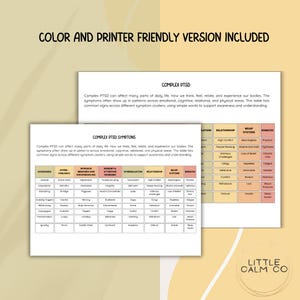 Puede incluir: Un gr&aacute;fico educativo imprimible titulado "S&iacute;ntomas de TEPT complejo" con una tabla codificada por colores que enumera los s&iacute;ntomas en varias categor&iacute;as. El texto "Versi&oacute;n en color y apta para imprimir incluida" est&aacute; en la parte superior.