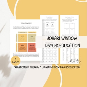 Puede incluir: Una hoja de trabajo imprimible con el título "Psicoeducación de la ventana de Johari" y un diagrama de la ventana de Johari, una herramienta utilizada en la autoconciencia y la comunicación interpersonal. La hoja de trabajo está diseñada para la terapia de relaciones e incluye una sección para "Usar la ventana de Johari".