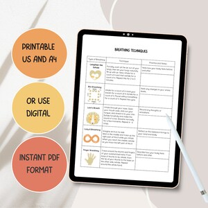 May include: Printable breathing techniques chart with illustrations and instructions for lengthening the exhale, box breathing, lion's breath, lazy-8 breathing, and finger breathing. The chart is on a white background with black text and colourful illustrations.