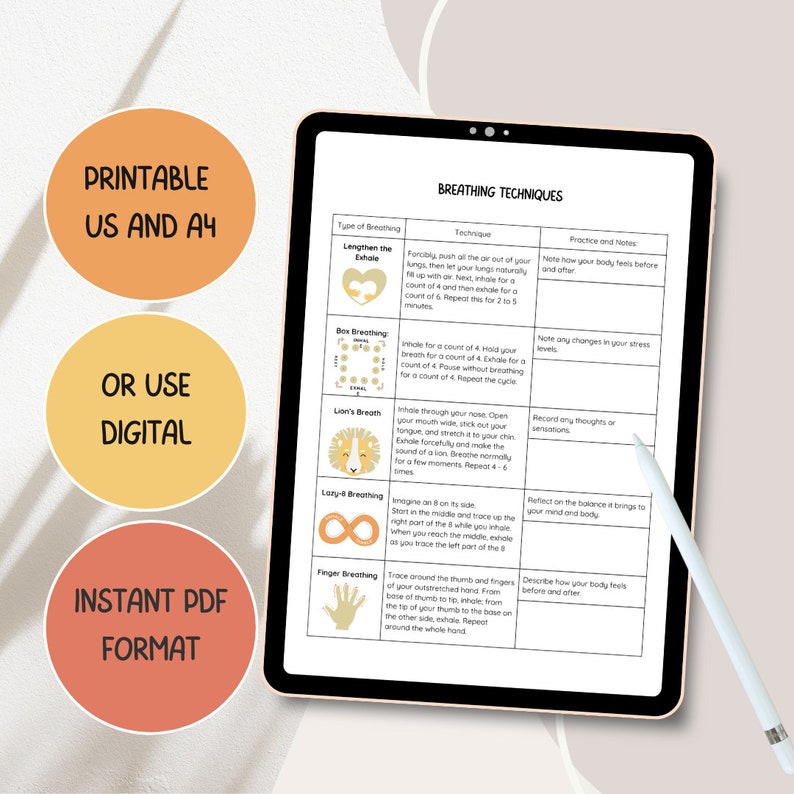May include: Printable breathing techniques chart with illustrations and instructions for lengthening the exhale, box breathing, lion's breath, lazy-8 breathing, and finger breathing. The chart is on a white background with black text and colourful illustrations.