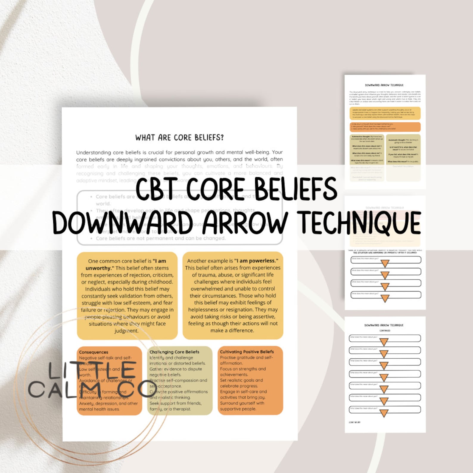 CBT Downward Arrow Technique Worksheet Core Beliefs Psychoeducation