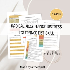 Puede incluir: Una hoja de trabajo imprimible con el título "Radical Acceptance Distress Tolerance DBT Skill" en texto negro sobre fondo blanco. La hoja de trabajo está dividida en dos secciones: "Radical Acceptance" y "Wise Mind Distract with Accepts". La hoja de trabajo está diseñada para ayudar a las personas a aprender y practicar la habilidad DBT de la aceptación radical.