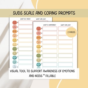 May include: A printable SUDS scale and coping prompts worksheet with a visual tool to support awareness of emotions and needs. The worksheet features a scale of 10 emoticons, ranging from angry to happy, with corresponding sections for "What do I need?" and "What can I do?"