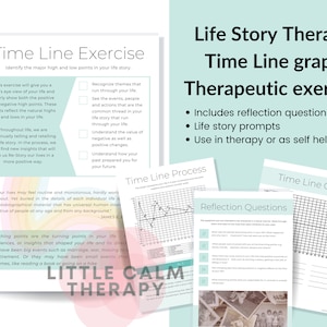 May include: A printable worksheet for a life story therapy exercise. The worksheet includes a time line graph, a grid, and reflection questions. The worksheet is designed to help people identify the major high and low points in their life story. The worksheet is titled "Life Story Therapy Time Line Graph Therapeutic Exercise".