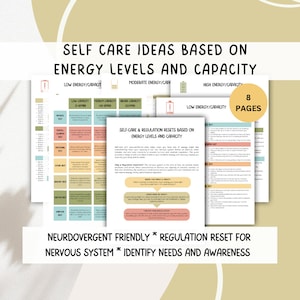 May include: A printable guide with self-care ideas based on energy levels and capacity. The guide is divided into three sections: low energy, moderate energy, and high energy. Each section includes a grid with different types of self-care activities, such as physical rest, mental rest, emotional rest, social rest, sensory rest, creative rest, and spiritual rest. The guide also includes a section on regulation resets for the nervous system.