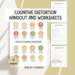 Cognitive Distortion Handout and Worksheets | Reframe Unhelpful Thinking  Patterns| CBT Therapy | List | Challenging Thoughts | CBT Tool
