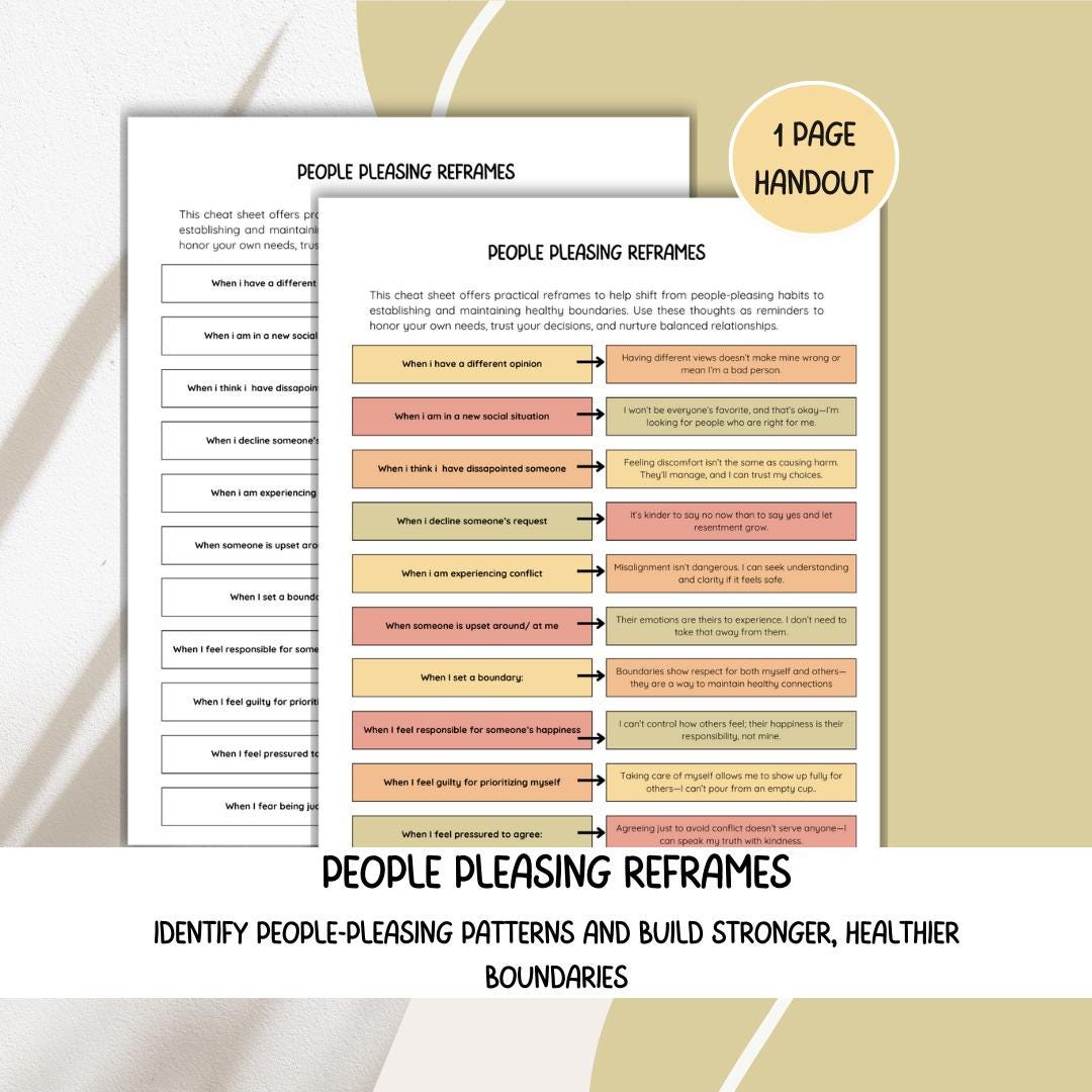 People Pleasing Reframes | Build Self-Esteem and Empower Boundaries Therapy Handout