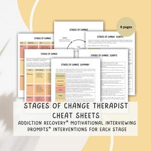 Può includere: Un set di sei cheat sheet stampabili per terapeuti che lavorano con clienti in fase di recupero dalla dipendenza. Le cheat sheet sono intitolate "Stages of Change Therapist Cheat Sheets" e includono informazioni sul recupero dalla dipendenza, l'intervista motivazionale, i prompt e gli interventi per ogni fase del cambiamento.