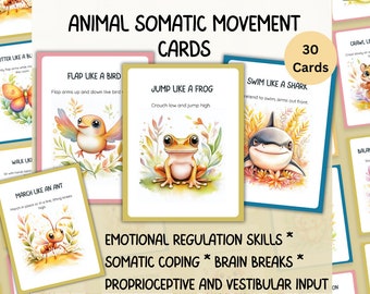 Kids Animal Movement Somatic Cards, Coping Skills,  Brain Break, ADHD Transition Activity, Proprioceptive  Self Regulation Skills
