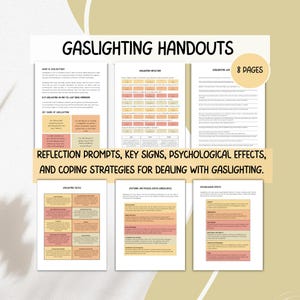 Op de afbeelding: Een set printbare handouts over gaslighting. De handouts bevatten informatie over wat gaslighting is, belangrijke tekenen van gaslighting, gaslighting-tactieken, psychologische effecten en copingstrategieën. De handouts zijn in een perzik- en roze kleurenschema.